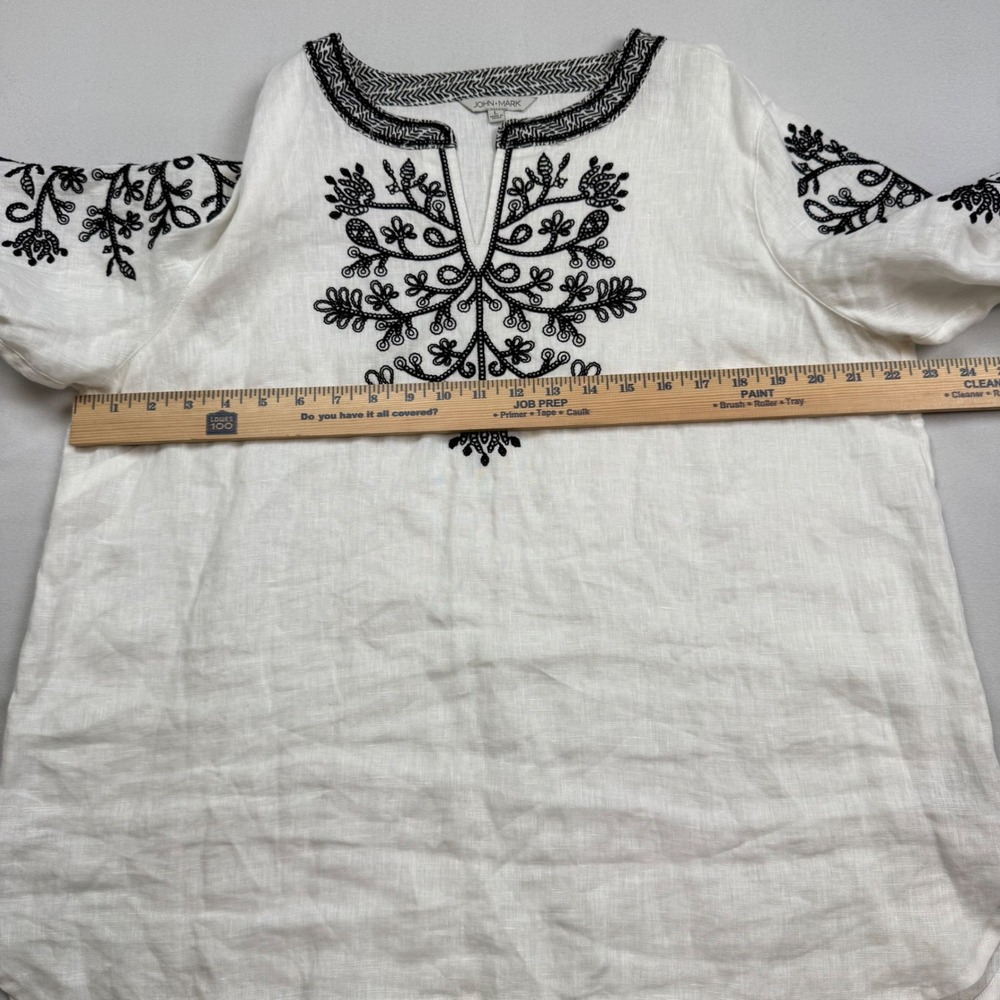 John Mark White Linen Embroidered Tunic Top Bell Sleeve Womens Large 100% Linen - Picture 5 of 7